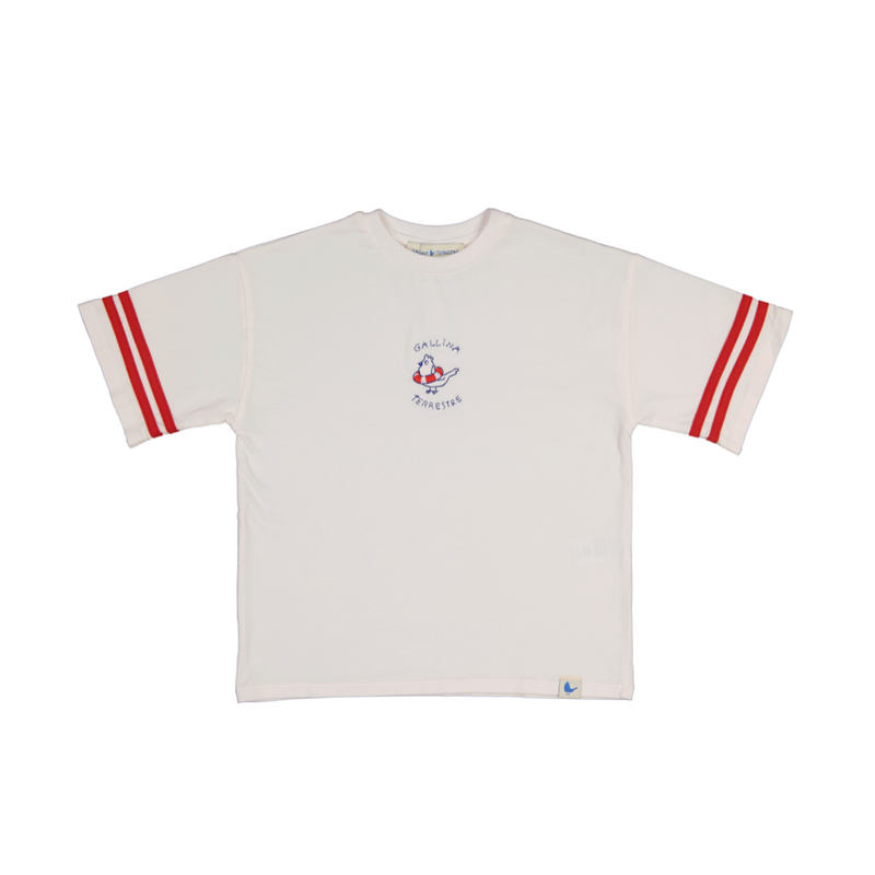 Camiseta blanca rayas rojas manga