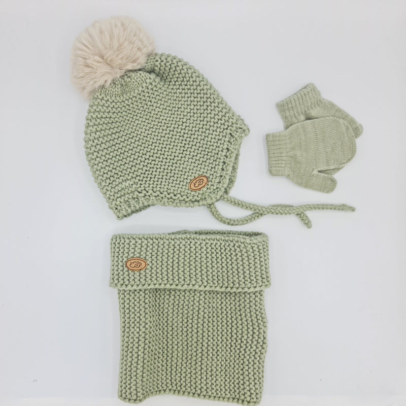 Conjunto BABY Gorro, Cuello y Manoplas punto bobo Verde