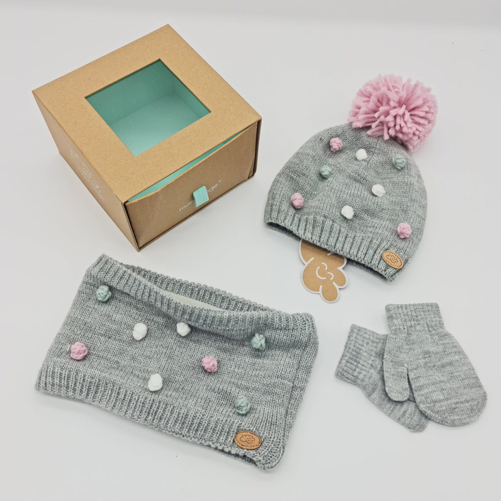 Conjunto BABY Gorro, Cuello y Manoplas Bolitas gris/rosa