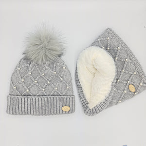 Conjunto KID Gorro y Cuello Perlitas gris