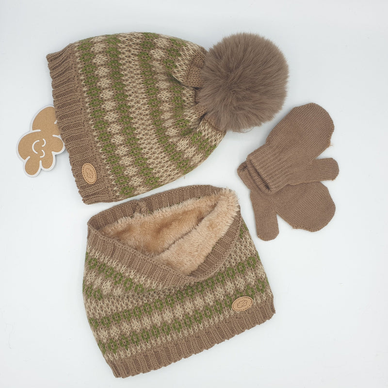 Conjunto Gorro, Cuello y Manoplas BABY Jaquard marrón