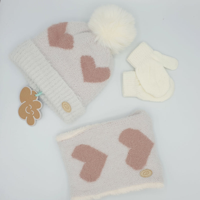 Conjunto Gorro, Cuello y Manoplas BABY Corazones crudo