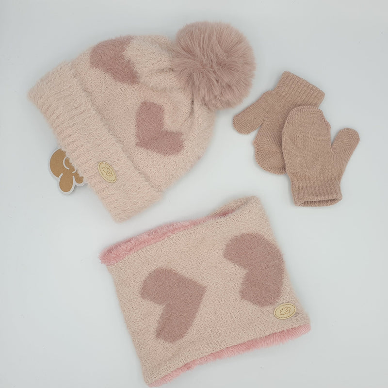 Conjunto Gorro, Cuello y Manoplas BABY Corazones rosa