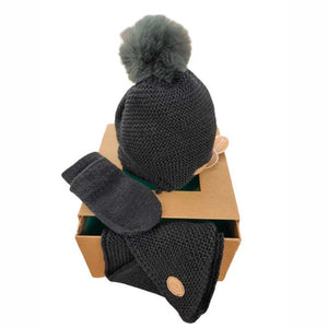 Conjunto NEW BORN Gorro, Cuello y Manoplas punto bobo Gris oscuro